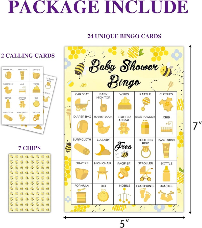 Disfuco Baby Shower Bingo - 24 Player Bee Themed Game for Adults and Gender Reveal Parties - Image 2